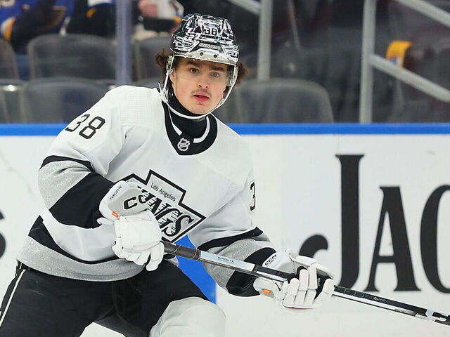 ST LOUIS, MISSOURI - MARCH 13: Alex Turcotte #38 of the Los Angeles Kings skates against the St. Louis Blues at Enterprise Center on March 13, 2024 in St Louis, Missouri.
