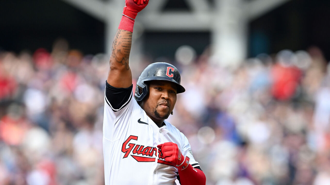 CLEVELAND, OHIO - JUNE 22: José Ramírez #11 of the Cleveland Guardians celebrates hitting a two-run home run during the third inning against the Toronto Blue Jays at Progressive Field on June 22, 2024 in Cleveland, Ohio.