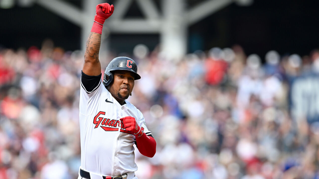 CLEVELAND, OHIO - JUNE 22: José Ramírez #11 of the Cleveland Guardians celebrates hitting a two-run home run during the third inning against the Toronto Blue Jays at Progressive Field on June 22, 2024 in Cleveland, Ohio.