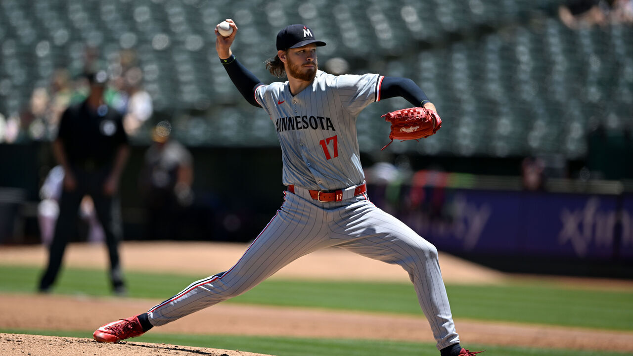 OAKLAND, CALIFORNIA - JUNE 22: Bailey Ober #17 of the Minnesota Twins pitches against the Oakland Athletics in the first inning at Oakland Coliseum on June 22, 2024 in Oakland, California.