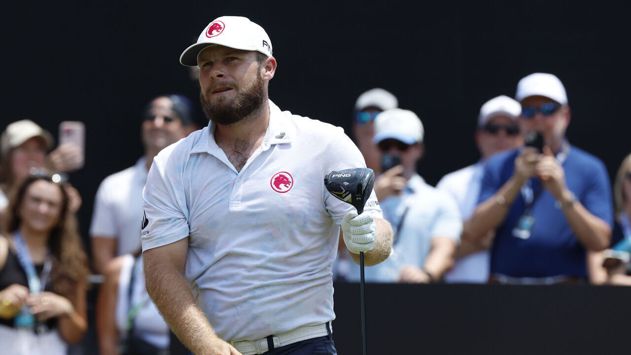 COLLEGE GROVE, TN - JUNE 22: Tyrrell Hatton (ENG) of Legion XIII watches his drive on the No. 1 tee box during the second round of LIV Golf Nashville, June 22, 2024, at The Grove in College Grove, Tennessee.