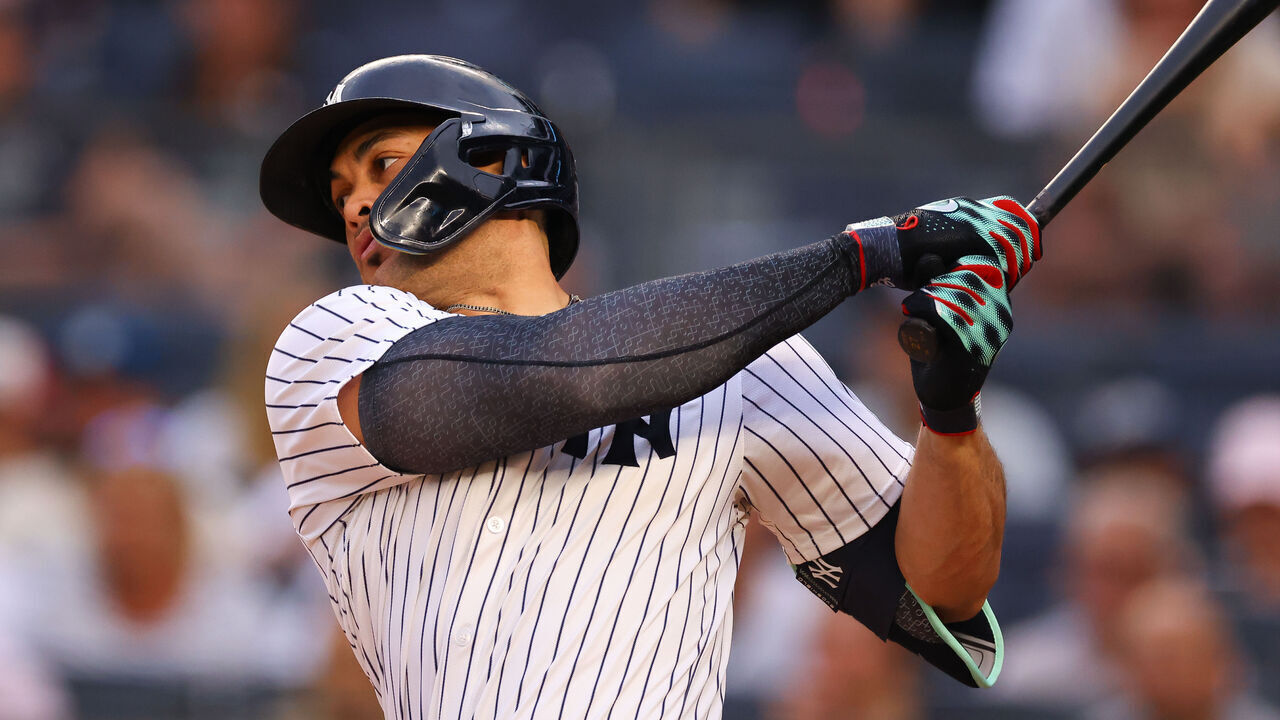 BRONX, NY - JUNE 21: Giancarlo Stanton #27 of the New York Yankees at bat during the game against the Atlanta Braves on June 21, 2024 at Yankee Stadium in Bronx, New York.