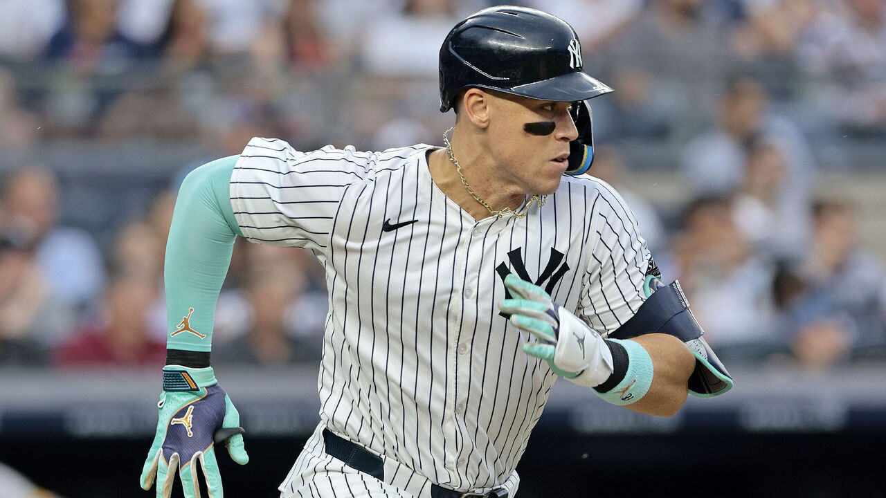 NEW YORK, NEW YORK - JUNE 22: Aaron Judge #99 of the New York Yankees runs up the first base line after grounding into a double play that resulted in an RBI in the bottom of the third inning during the game against the Atlanta Braves at Yankee Stadium on June 22, 2024 in New York City.