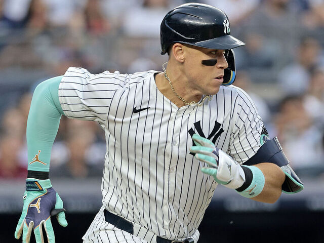 NEW YORK, NEW YORK - JUNE 22: Aaron Judge #99 of the New York Yankees runs up the first base line after grounding into a double play that resulted in an RBI in the bottom of the third inning during the game against the Atlanta Braves at Yankee Stadium on June 22, 2024 in New York City.