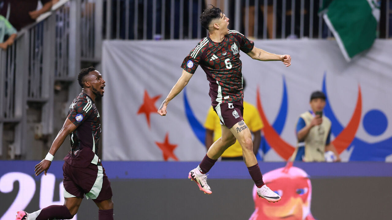 HOUSTON, TEXAS - JUNE 22: Gerardo Arteaga of Mexico celebrates after scoring the team's first goal during the CONMEBOL Copa America 2024 Group B match between Mexico and Jamaica at NRG Stadium on June 22, 2024 in Houston, Texas.