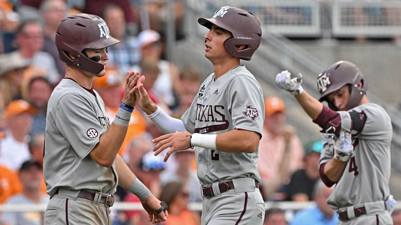 OMAHA, NE - JUNE 22: Ali Camarillo #2 of the Texas A&M Aggies celebrates after scoring a run in the third inning against the Tennessee Volunteers during the NCAA Division I Baseball Championship on June 22, 2024 at Charles Schwab Field in Omaha, Nebraska.