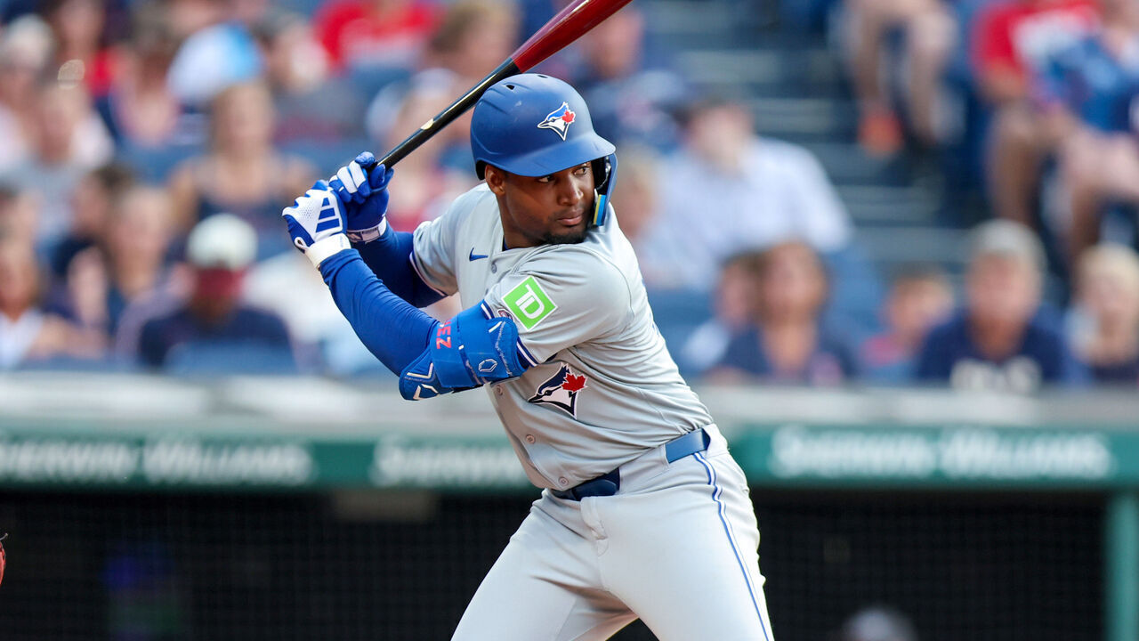 CLEVELAND, OH - JUNE 21: Toronto Blue Jays second baseman Orelvis Martinez (13) at bat during the third inning of the Major League Baseball game between the Toronto Blue Jays and Cleveland Guardians on June 21, 2024, at Progressive Field in Cleveland, OH.