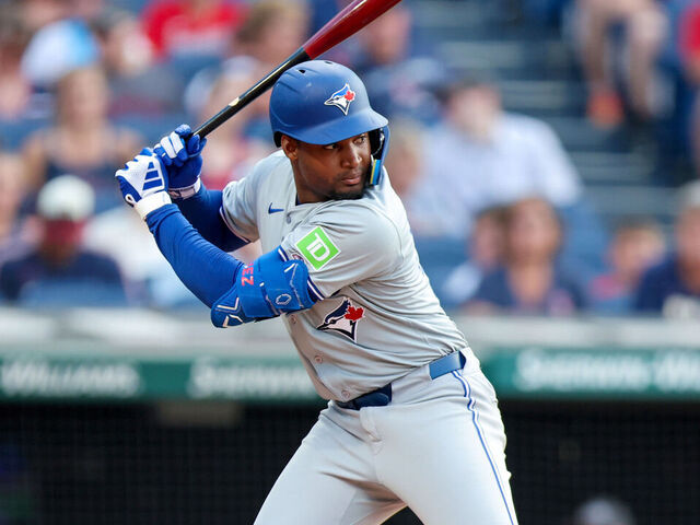 CLEVELAND, OH - JUNE 21: Toronto Blue Jays second baseman Orelvis Martinez (13) at bat during the third inning of the Major League Baseball game between the Toronto Blue Jays and Cleveland Guardians on June 21, 2024, at Progressive Field in Cleveland, OH.