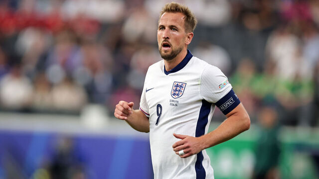 FRANKFURT AM MAIN, GERMANY - JUNE 20: Harry Kane of England looks on during the UEFA EURO 2024 group stage match between Denmark and England at Frankfurt Arena on June 20, 2024 in Frankfurt am Main, Germany.