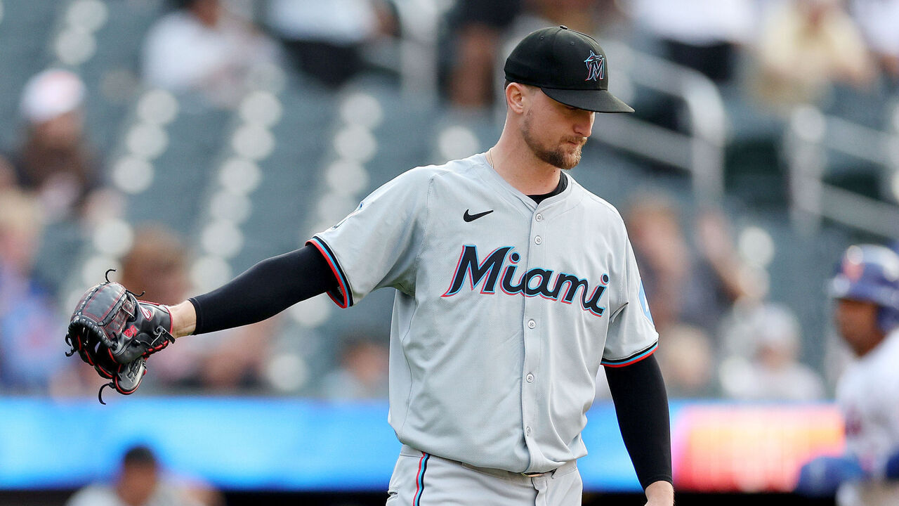 NEW YORK, NEW YORK - JUNE 12: Braxton Garrett #29 of the Miami Marlins reacts after giving up a two run home run in the first inning to Harrison Bader #44 of the New York Mets at Citi Field on June 12, 2024 in the Flushing neighborhood of the Queens borough of New York City.