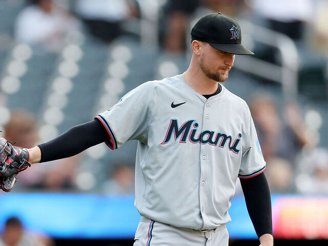 NEW YORK, NEW YORK - JUNE 12: Braxton Garrett #29 of the Miami Marlins reacts after giving up a two run home run in the first inning to Harrison Bader #44 of the New York Mets at Citi Field on June 12, 2024 in the Flushing neighborhood of the Queens borough of New York City.