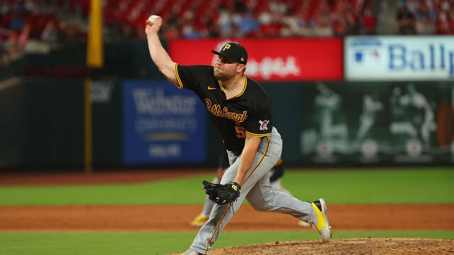ST LOUIS, MISSOURI - JUNE 11: David Bednar #51 of the Pittsburgh Pirates delivers a pitch against the St. Louis Cardinals in the ninth inning at Busch Stadium on June 11, 2024 in St Louis, Missouri.