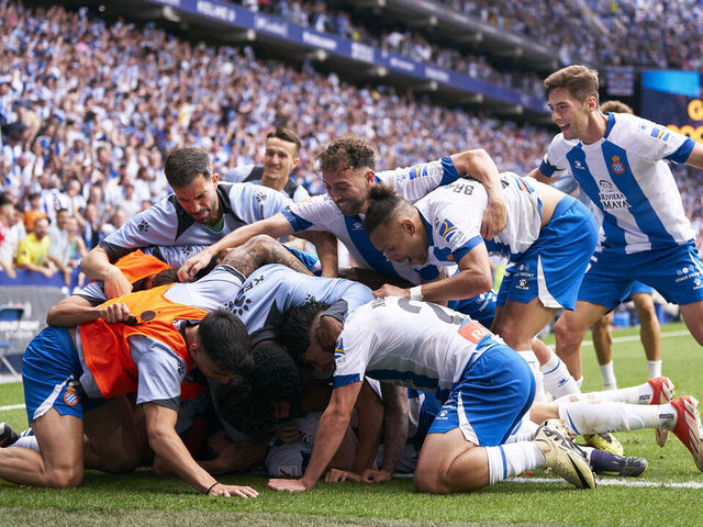 BARCELONA, SPAIN - JUNE 23: Javi Puado of RCD Espanyol celebrates after scoring his team's second goal during the LaLiga Hypermotion Play Off FInal 2nd Leg match between RCD Espanyol and Real Oviedo at Stage Front Stadium on June 23, 2024 in Barcelona, Spain.