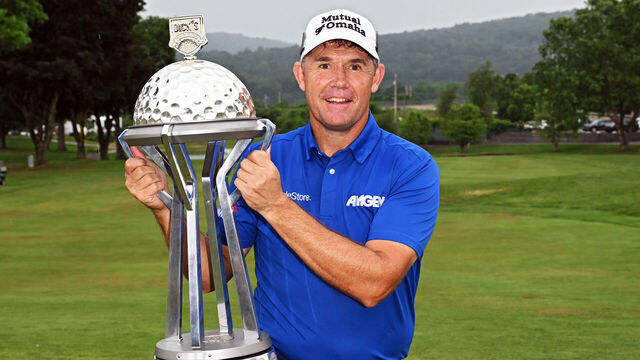 ENDICOTT, NEW YORK - JUNE 23: Padraig Harrington of Ireland holds the trophy after winning the final round of the DICK'S Sporting Goods Open at En-Joie Golf Club on June 23, 2024 in Endicott, New York.