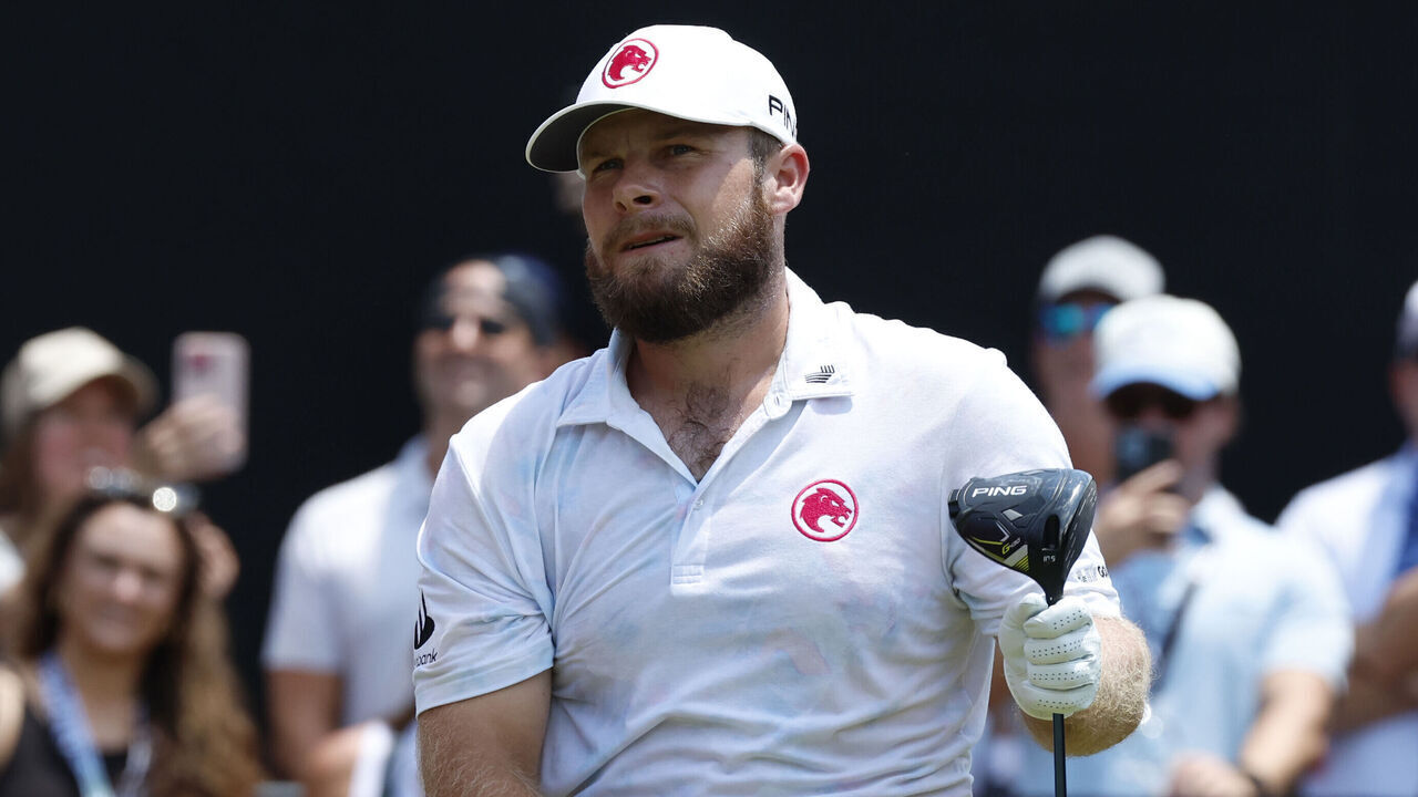 COLLEGE GROVE, TN - JUNE 22: Tyrrell Hatton (ENG) of Legion XIII watches his drive on the No. 1 tee box during the second round of LIV Golf Nashville, June 22, 2024, at The Grove in College Grove, Tennessee.
