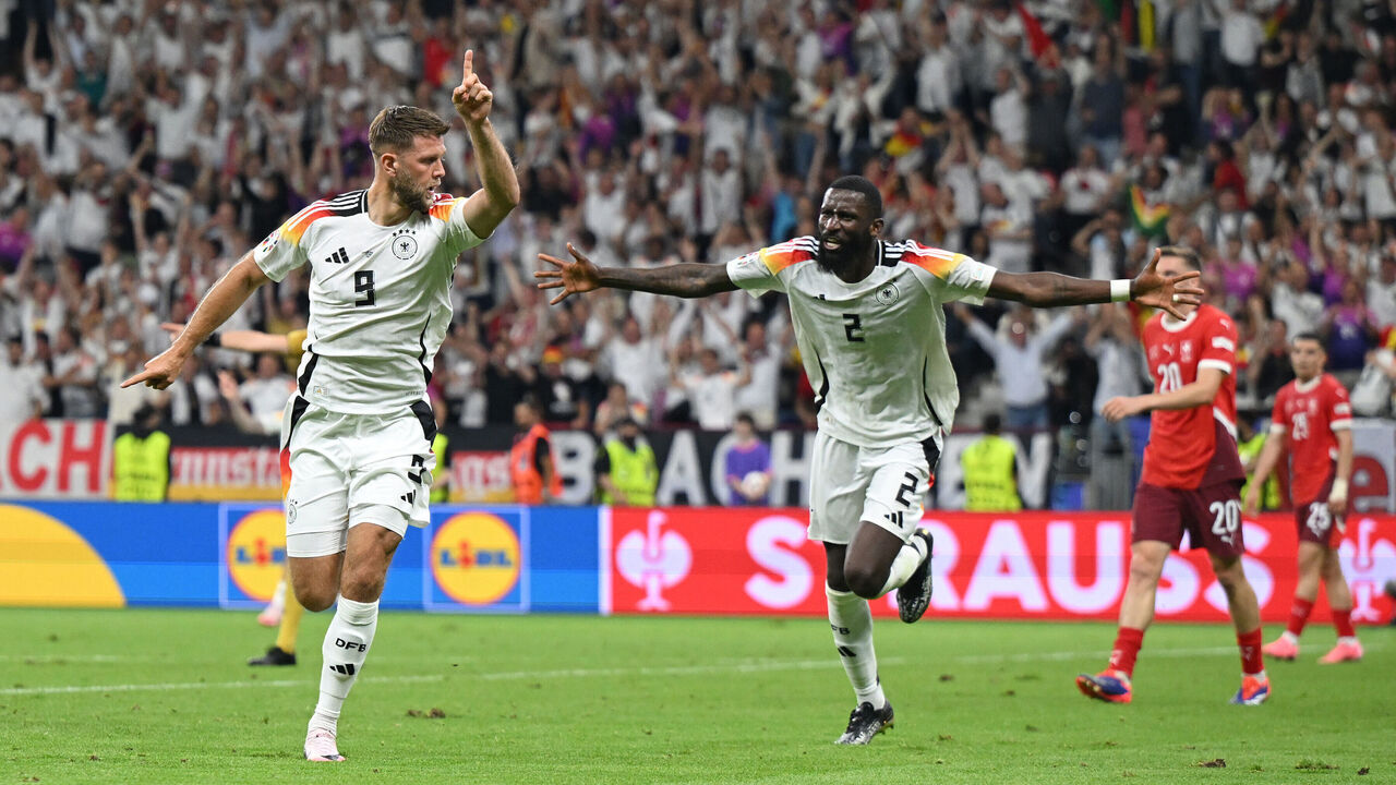 FRANKFURT AM MAIN, GERMANY - JUNE 23: Niclas Fuellkrug of Germany celebrates scoring his team's first goal during the UEFA EURO 2024 group stage match between Switzerland and Germany at Frankfurt Arena on June 23, 2024 in Frankfurt am Main, Germany.
