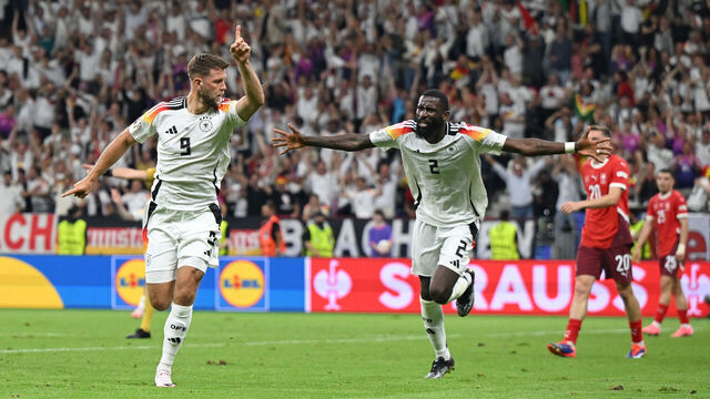 FRANKFURT AM MAIN, GERMANY - JUNE 23: Niclas Fuellkrug of Germany celebrates scoring his team's first goal during the UEFA EURO 2024 group stage match between Switzerland and Germany at Frankfurt Arena on June 23, 2024 in Frankfurt am Main, Germany.