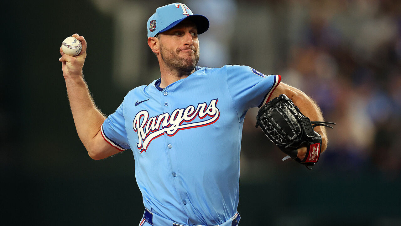 ARLINGTON, TEXAS - JUNE 23: Max Scherzer #31 of the Texas Rangers pitches against the Kansas City Royals in the first inning at Globe Life Field on June 23, 2024 in Arlington, Texas.