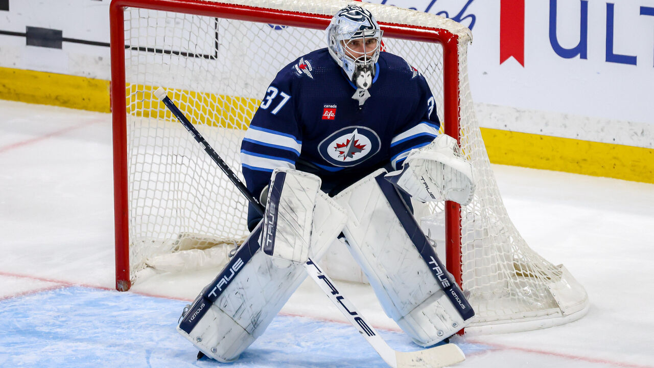 WINNIPEG, CANADA - APRIL 23: Goaltender Connor Hellebuyck #37 of the Winnipeg Jets guards the net during third period action against the Colorado Avalanche in Game Two of the First Round of the 2024 Stanley Cup Playoffs at the Canada Life Centre on April 23, 2024 in Winnipeg, Manitoba, Canada.