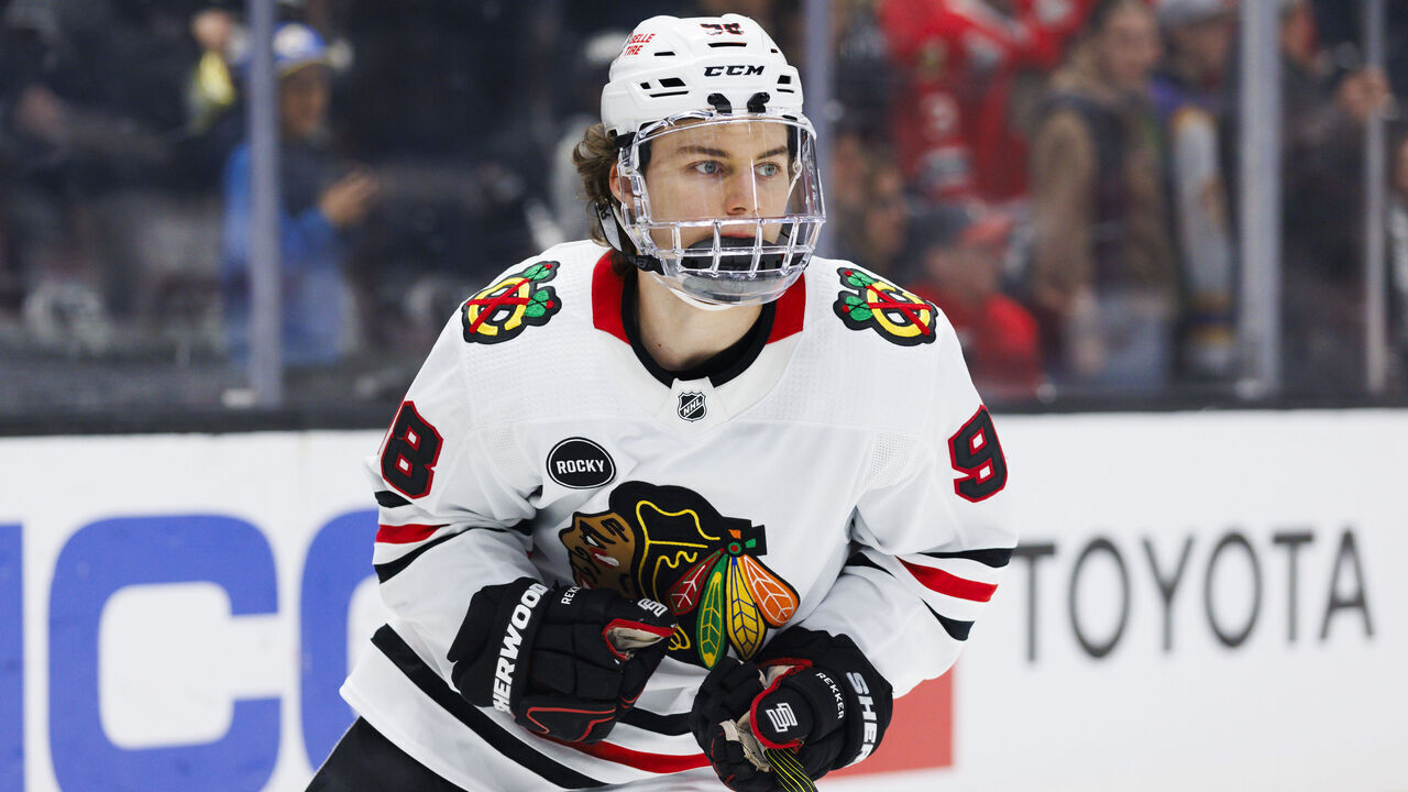 LOS ANGELES, CA - APRIL 18: Chicago Blackhawks center Connor Bedard (98) during an NHL hockey game against the Los Angeles Kings on April 18, 2024 at Crypto.com Arena in Los Angeles, CA.