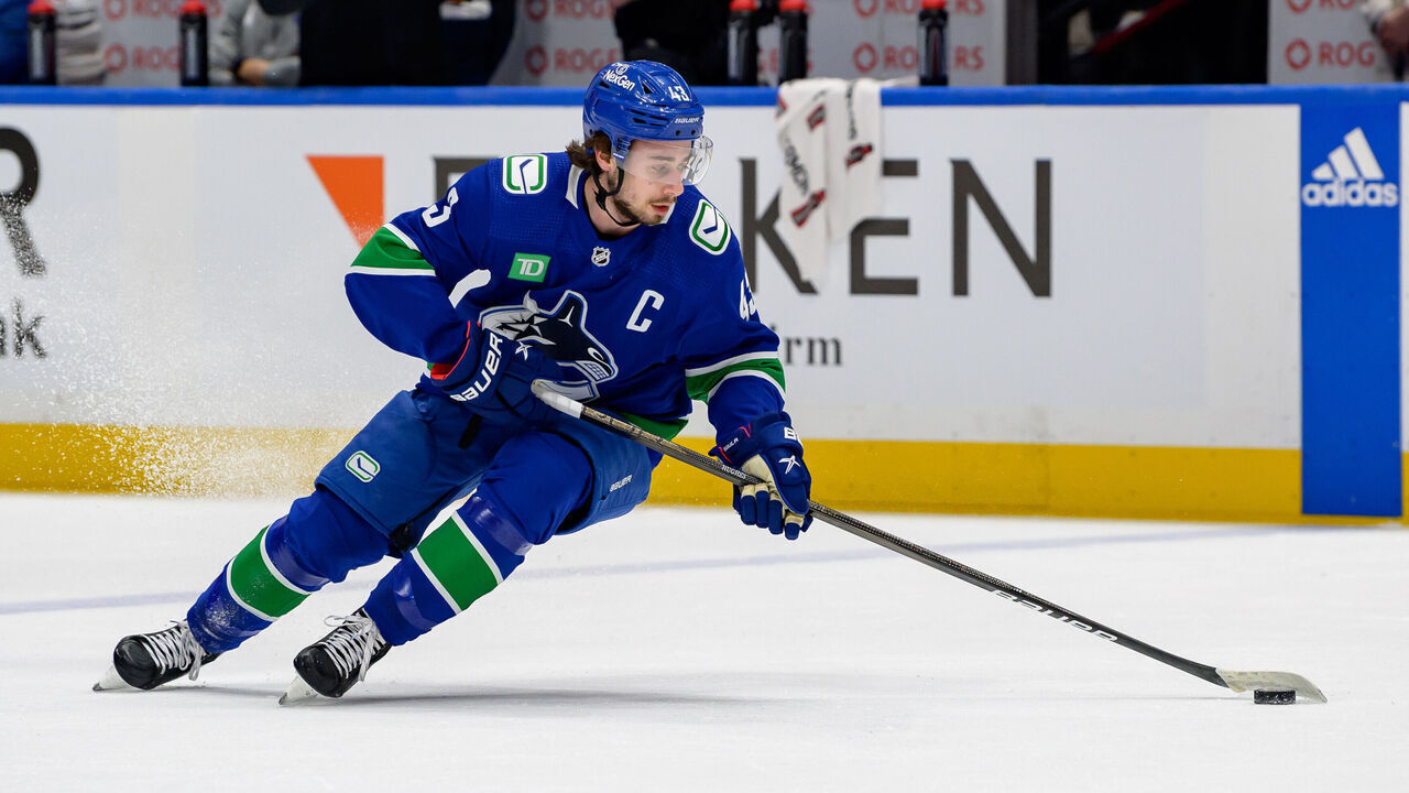 VANCOUVER, CANADA - MAY 10: Quinn Hughes #43 of the Vancouver Canucks skates during warm-up prior to Game Two of the Second Round of the 2024 Stanley Cup Playoffs against the Edmonton Oilers at Rogers Arena on May 10, 2024 in Vancouver, British Columbia, Canada.