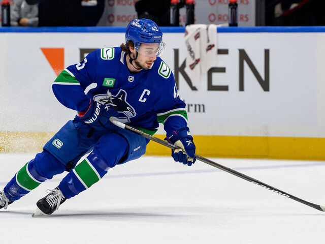 VANCOUVER, CANADA - MAY 10: Quinn Hughes #43 of the Vancouver Canucks skates during warm-up prior to Game Two of the Second Round of the 2024 Stanley Cup Playoffs against the Edmonton Oilers at Rogers Arena on May 10, 2024 in Vancouver, British Columbia, Canada.