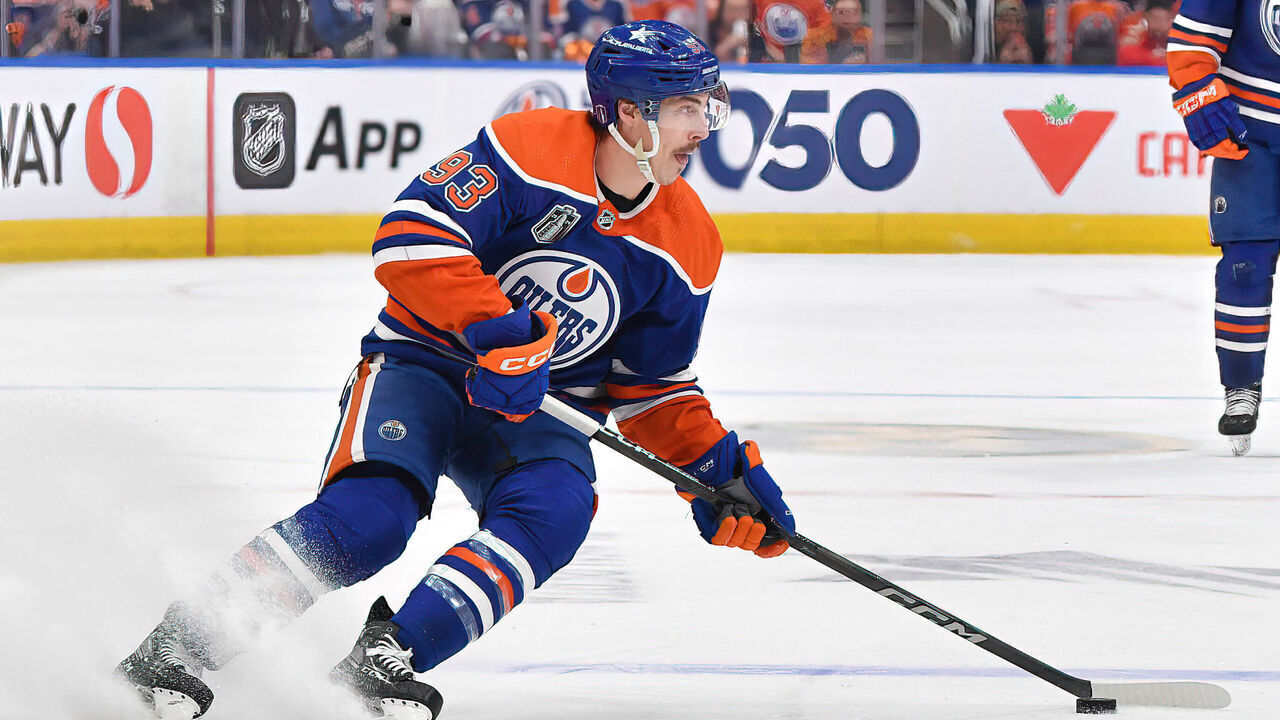 EDMONTON, CANADA - JUNE 21: Ryan Nugent-Hopkins #93 of the Edmonton Oilers in action during Game Six of the 2024 Stanley Cup Final against the Florida Panthers at Rogers Place on June 21, 2024, in Edmonton, Alberta, Canada.
