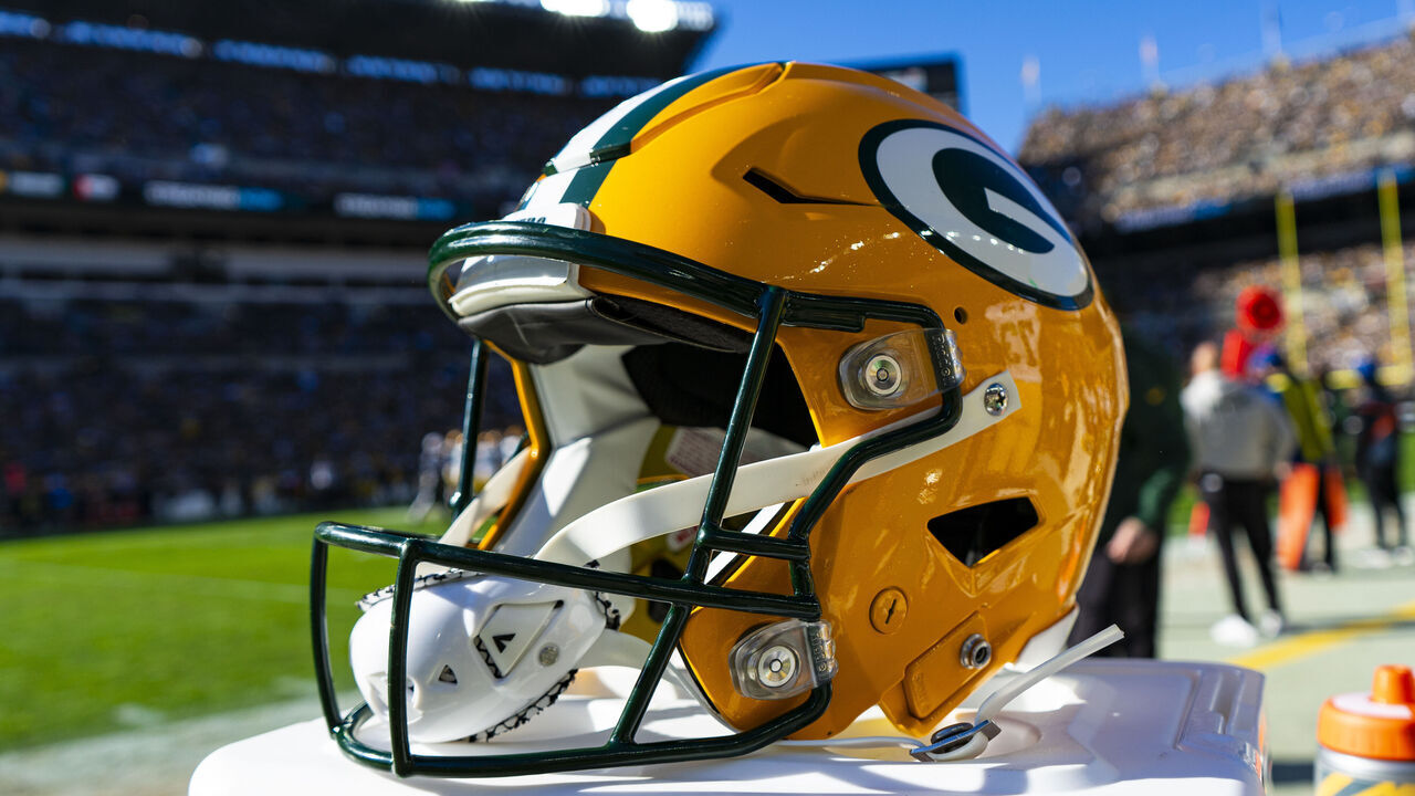 PITTSBURGH, PA - NOVEMBER 12: A detailed view of a Green Bay Packers helmet during the regular season NFL football game between the Green Bay Packers and Pittsburgh Steelers on November 12, 2023 at Acrisure Stadium in Pittsburgh, PA.