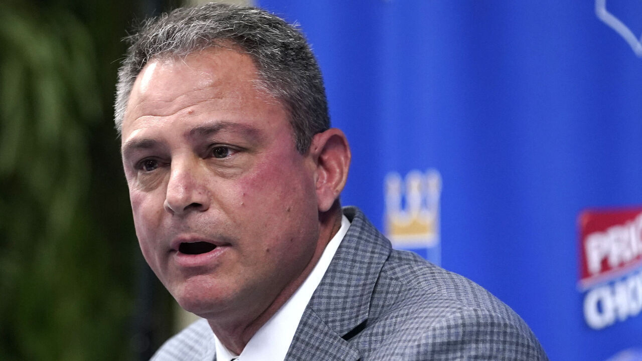 KANSAS CITY, MISSOURI - NOVEMBER 03: General Manager J.J. Picollo of the Kansas City Royals makes remarks during the introduction of Matt Quatraro as new manager of the team at Kauffman Stadium on November 03, 2022 in Kansas City, Missouri.
