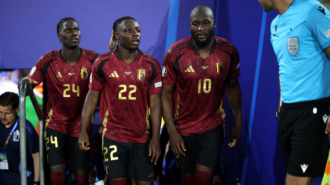 COLOGNE, GERMANY - JUNE 22: Amadou Onana, Jeremy Doku and Romelu Lukaku of Belgium leave the tunnel for the second half during the UEFA EURO 2024 group stage match between Belgium and Romania at Cologne Stadium on June 22, 2024 in Cologne, Germany.