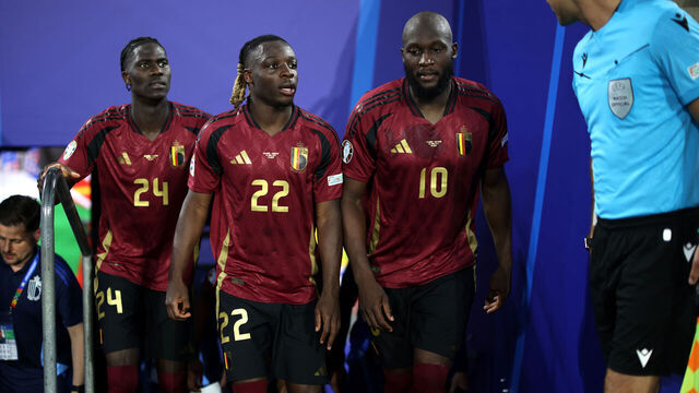 COLOGNE, GERMANY - JUNE 22: Amadou Onana, Jeremy Doku and Romelu Lukaku of Belgium leave the tunnel for the second half during the UEFA EURO 2024 group stage match between Belgium and Romania at Cologne Stadium on June 22, 2024 in Cologne, Germany.