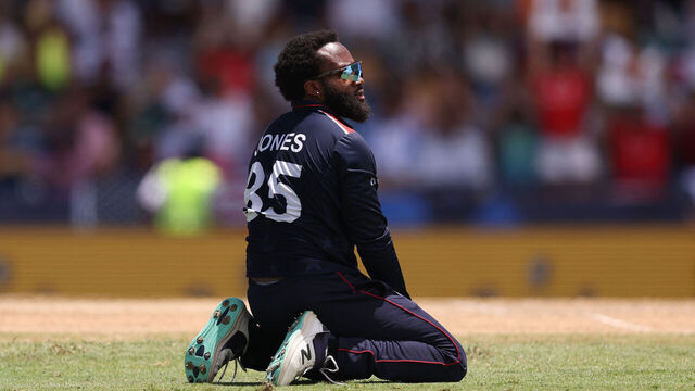 BRIDGETOWN, BARBADOS - JUNE 23: Aaron Jones of the USA reacts during the ICC Men's T20 Cricket World Cup West Indies & USA 2024 Super Eight match between USA and England at Kensington Oval on June 23, 2024 in Bridgetown, Barbados.
