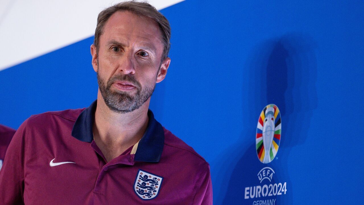 COLOGNE, GERMANY - JUNE 24: Gareth Southgate, Head Coach of England, looks on during the press conference at Cologne Stadium on June 24, 2024 in Cologne, Germany.