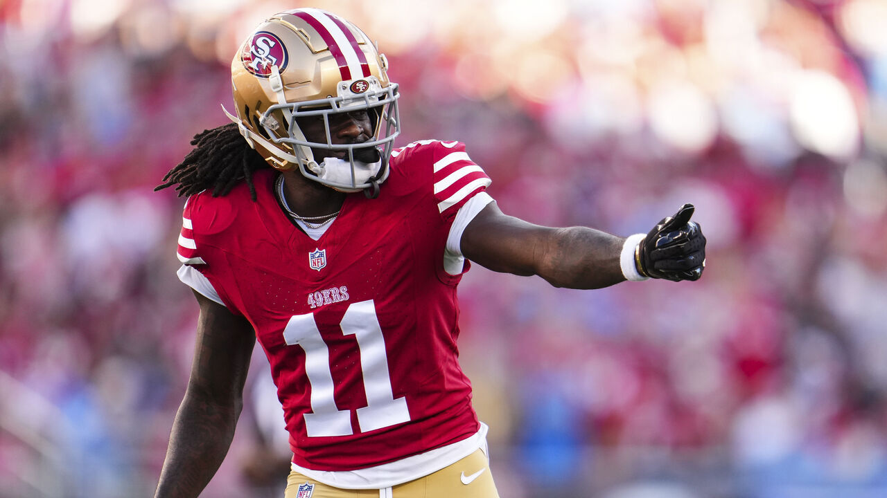 SANTA CLARA, CA - JANUARY 28: Brandon Aiyuk #11 of the San Francisco 49ers signals during the NFC Championship NFL football game against the Detroit Lions at Levi's Stadium on January 28, 2024 in Santa Clara, California.