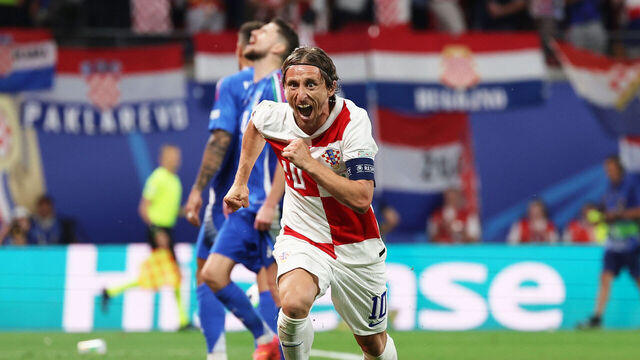 LEIPZIG, GERMANY - JUNE 24: Luka Modric of Croatia celebrates scoring his team's first goal during the UEFA EURO 2024 group stage match between Croatia and Italy at Football Stadium Leipzig on June 24, 2024 in Leipzig, Germany.