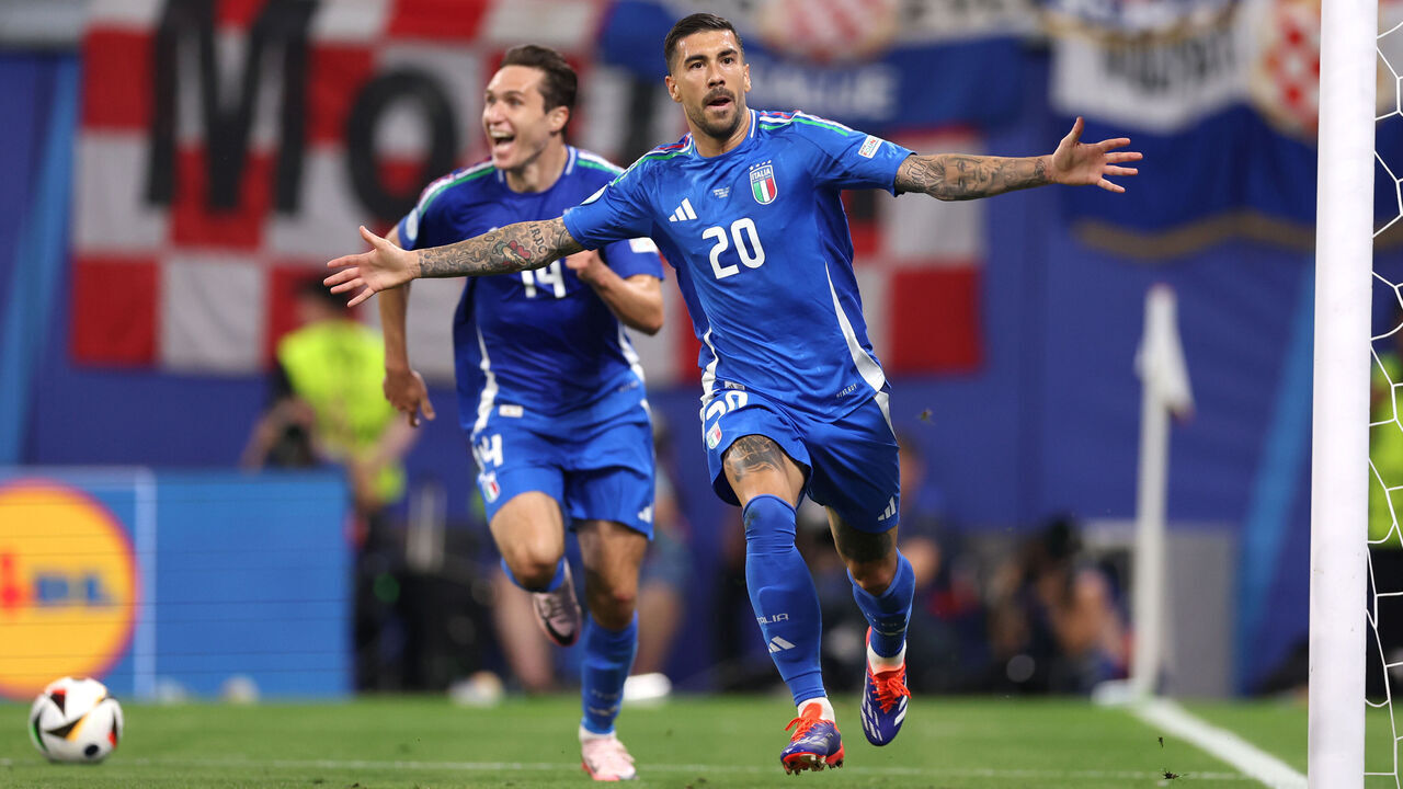 LEIPZIG, GERMANY - JUNE 24: Mattia Zaccagni of Italy celebrates scoring his team's first goal to equalise during the UEFA EURO 2024 group stage match between Croatia and Italy at Football Stadium Leipzig on June 24, 2024 in Leipzig, Germany.