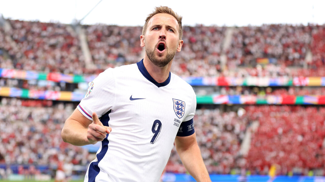 FRANKFURT AM MAIN, GERMANY - JUNE 20: Harry Kane of England celebrates after scoring a goal to make it 1-0 during the UEFA EURO 2024 group stage match between Denmark and England at Frankfurt Arena on June 20, 2024 in Frankfurt am Main, Germany.