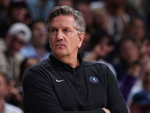 DENVER, CO - APRIL 10: Head Coach Chris Finch of the Minnesota Timberwolves looks on during the game against the Denver Nuggets on April 10, 2024 at the Ball Arena in Denver, Colorado. NOTE TO USER: User expressly acknowledges and agrees that, by downloading and/or using this Photograph, user is consenting to the terms and conditions of the Getty Images License Agreement. Mandatory Copyright Notice: Copyright 2024 NBAE
