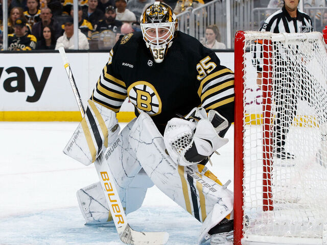 BOSTON, MASSACHUSETTS - APRIL 22: Linus Ullmark #35 of the Boston Bruins tends goal against the Toronto Maple Leafs during the second period in Game Two of the First Round of the 2024 Stanley Cup Playoffs at the TD Garden on April 22, 2024 in Boston, Massachusetts. The Maple Leafs won 3-2 to even the series at 1-1.