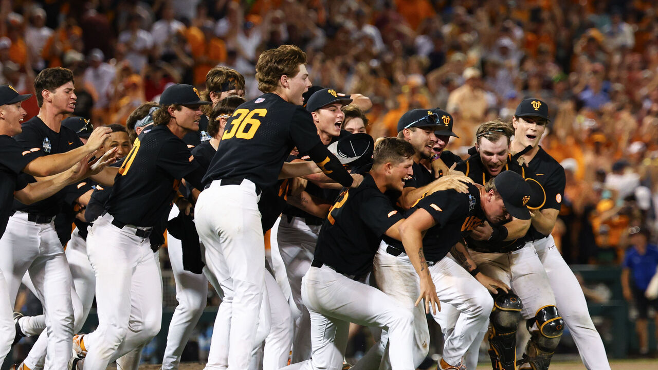 OMAHA, NEBRASKA - JUNE 24: The Tennessee Volunteers celebrate after defeating the Texas A&M Aggies to win the Division I Men's Baseball Championship held at Charles Schwab Field on June 24, 2024 in Omaha, Nebraska.