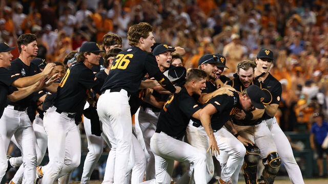OMAHA, NEBRASKA - JUNE 24: The Tennessee Volunteers celebrate after defeating the Texas A&M Aggies to win the Division I Men's Baseball Championship held at Charles Schwab Field on June 24, 2024 in Omaha, Nebraska.
