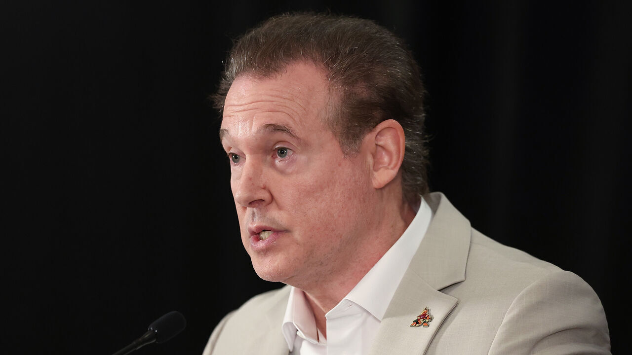 PHOENIX, ARIZONA - APRIL 19: Coyotes Chairman and Governor Alex Meruelo speaks during a press conference at Hyatt Regency Phoenix on April 19, 2024 in Phoenix, Arizona. The NHL unanimously approved a $1.2 billion sale from Alex Meruelo to Utah Jazz owners Ryan and Ashley Smith, allowing the franchise's move to Salt Lake City to begin play as a new franchise next season.