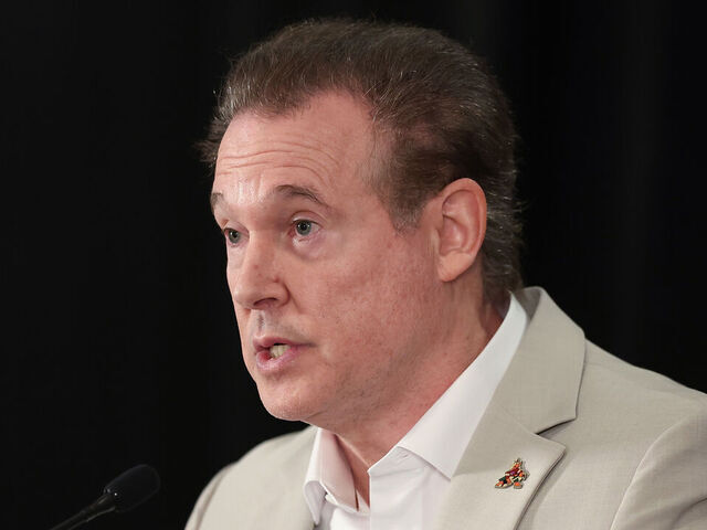PHOENIX, ARIZONA - APRIL 19: Coyotes Chairman and Governor Alex Meruelo speaks during a press conference at Hyatt Regency Phoenix on April 19, 2024 in Phoenix, Arizona. The NHL unanimously approved a $1.2 billion sale from Alex Meruelo to Utah Jazz owners Ryan and Ashley Smith, allowing the franchise's move to Salt Lake City to begin play as a new franchise next season.