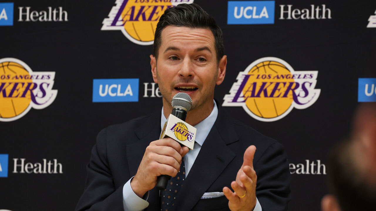 El Segundo, CA, Monday, June 24, 2024 - JJ Redick fields questions as the new head coach of the LA Lakers at the UCLA Health Training Center. (Robert Gauthier/Los Angeles Times via Getty Images)