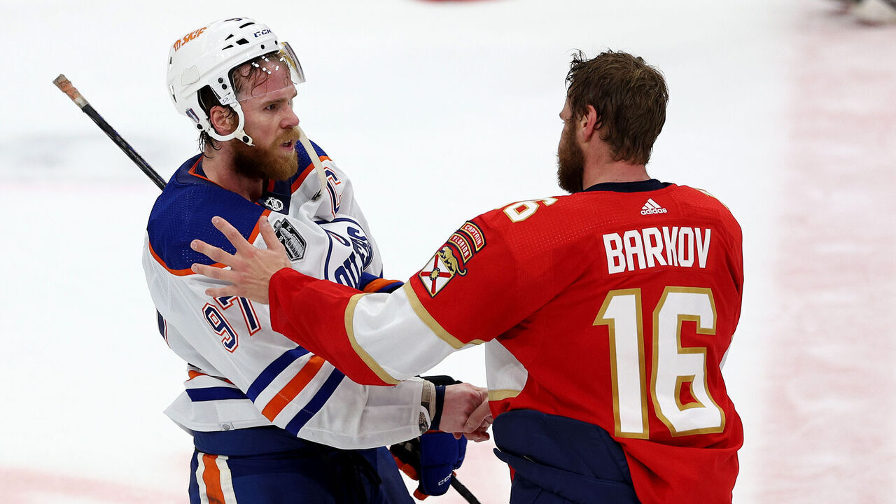 SUNRISE, FLORIDA - JUNE 24: Connor McDavid #97 of the Edmonton Oilers congratulates Aleksander Barkov #16 of the Florida Panthers after Game Seven of the 2024 Stanley Cup Final at Amerant Bank Arena on June 24, 2024 in Sunrise, Florida. The Florida Panthers defeated the Edmonton Oilers 2-1 to win the Stanley Cup.