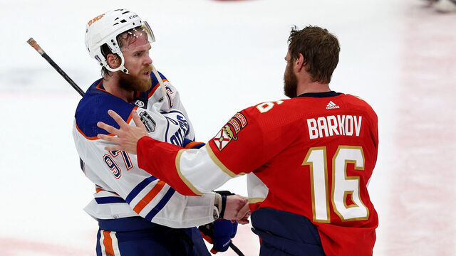 SUNRISE, FLORIDA - JUNE 24: Connor McDavid #97 of the Edmonton Oilers congratulates Aleksander Barkov #16 of the Florida Panthers after Game Seven of the 2024 Stanley Cup Final at Amerant Bank Arena on June 24, 2024 in Sunrise, Florida. The Florida Panthers defeated the Edmonton Oilers 2-1 to win the Stanley Cup.