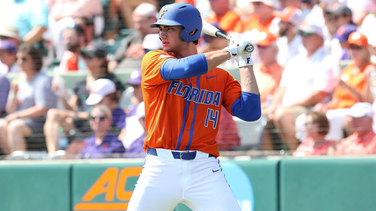 CLEMSON, SC - JUNE 09: Florida Gators pitcher Jac Caglianone (14) during the College D1 Baseball Super Regional game between the Florida Gators and the Clemson Tigers on June 9, 2024 at Doug Kingsmore Stadium in Clemson, S.C.