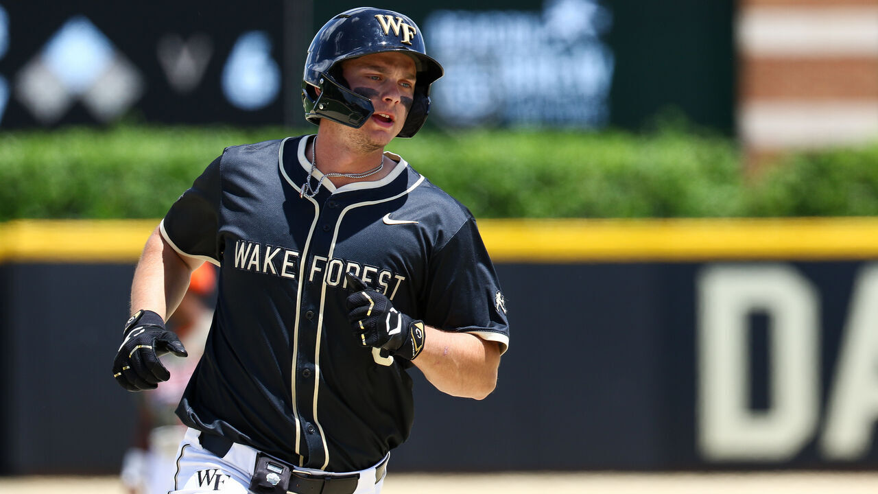 WINSTON SALEM, NORTH CAROLINA - MAY 12: Nick Kurtz #8 of the Wake Forest Demon Deacons runs the bases after a home run was scored against the Clemson Tigers at David F. Couch Ballpark on May 12, 2024 in Winston Salem, North Carolina.