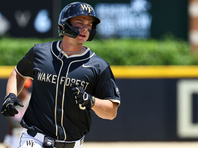 WINSTON SALEM, NORTH CAROLINA - MAY 12: Nick Kurtz #8 of the Wake Forest Demon Deacons runs the bases after a home run was scored against the Clemson Tigers at David F. Couch Ballpark on May 12, 2024 in Winston Salem, North Carolina.