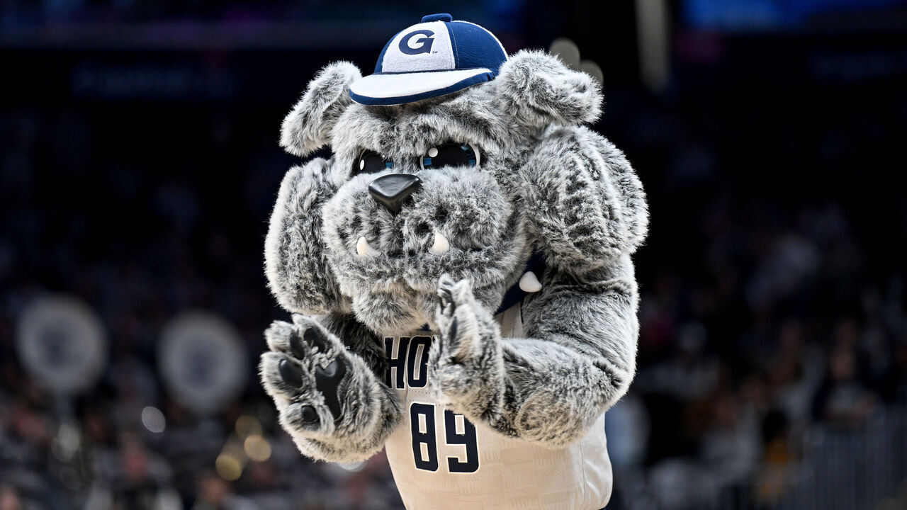 WASHINGTON, DC - FEBRUARY 16: The Georgetown Hoyas mascot performs during the game against the Villanova Wildcats at Capital One Arena on February 16, 2024 in Washington, DC.